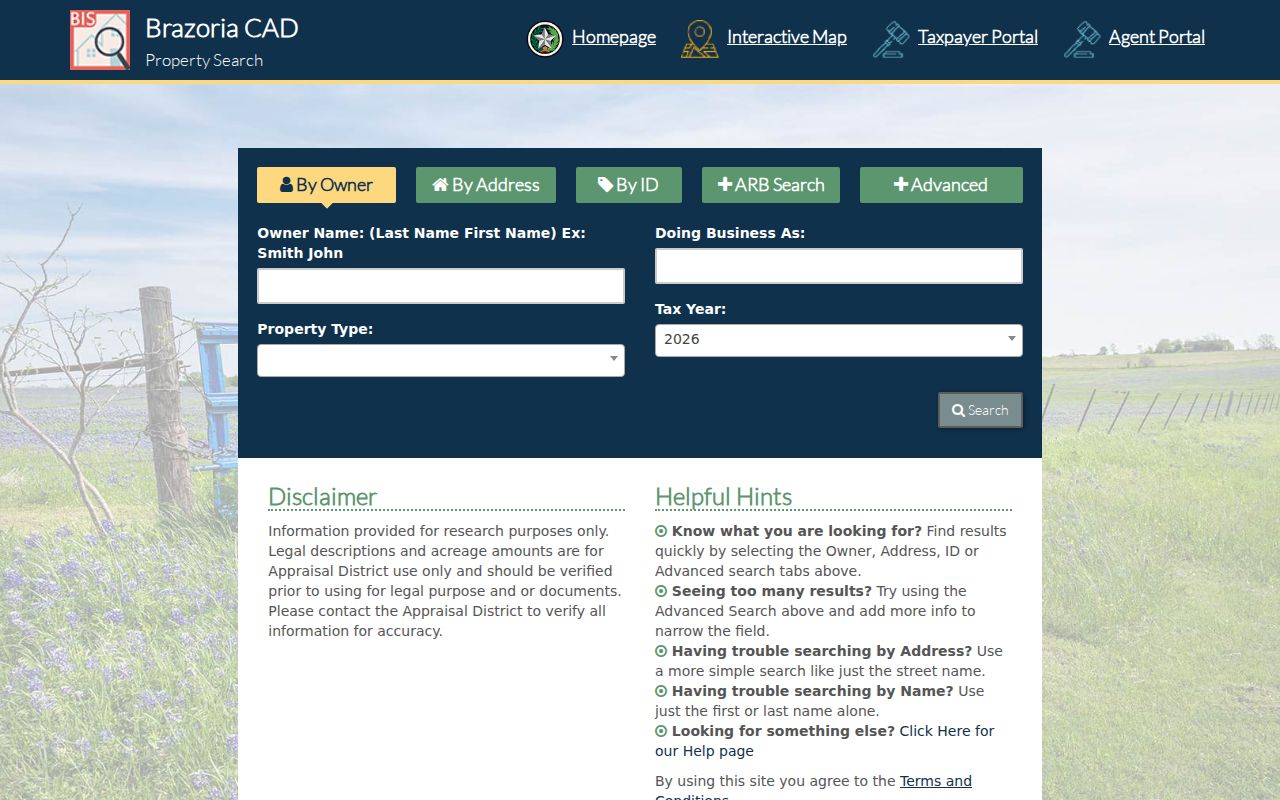 Brazoria County residents directory BCAD property search fields