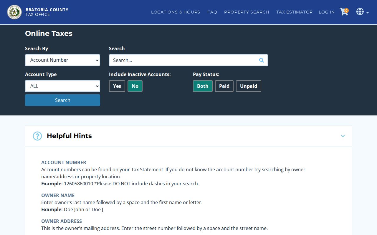 Brazoria County ZIP code directory Tax Office property-location search interface